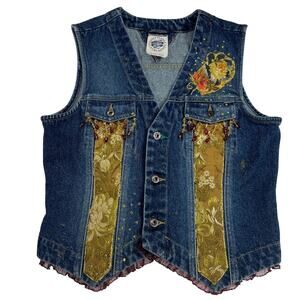Happy Planet Luxury Denim Pat Shea Upcycled Beaded Brocade Denim Vest Size M